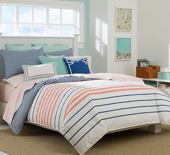 nautical coral and navy stripped bedding